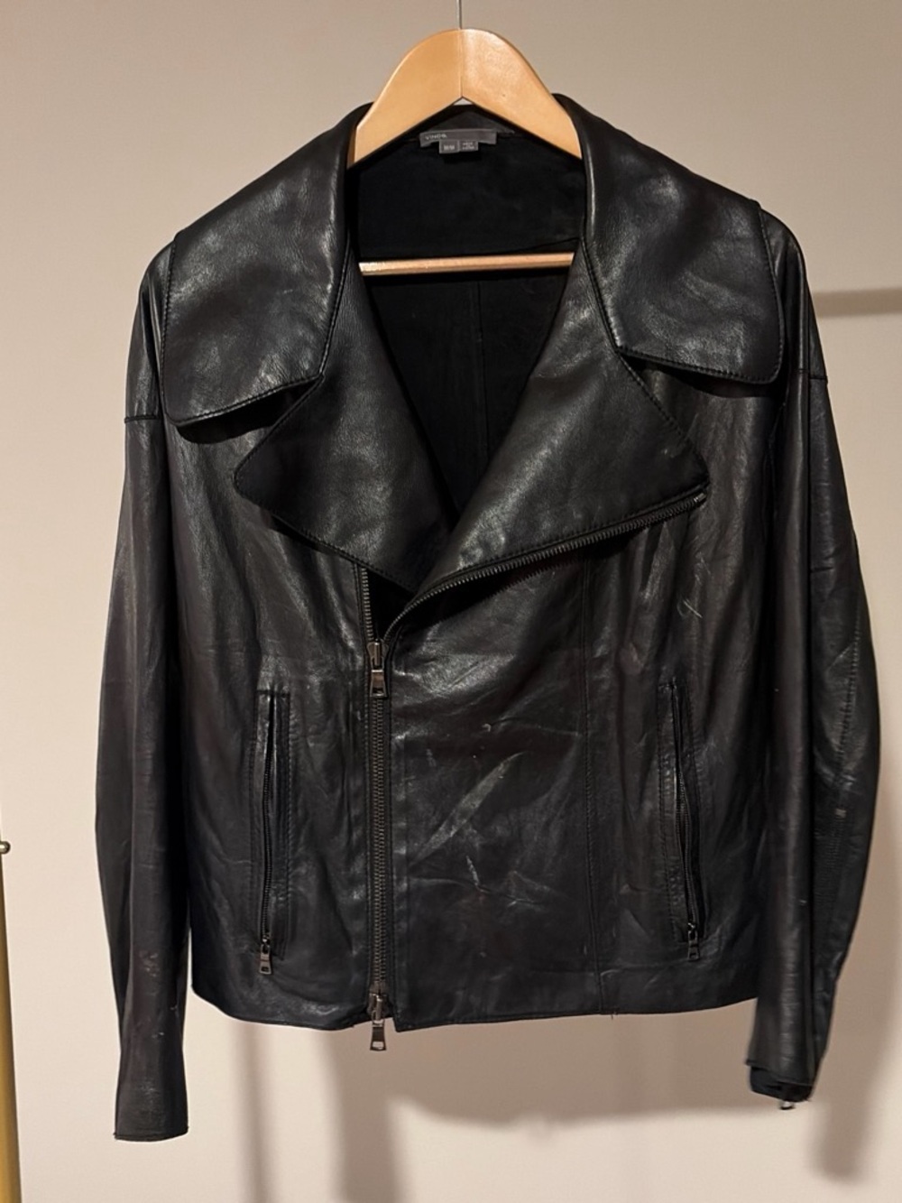 Vince Black Leather Zip-Front Bomber Jacket